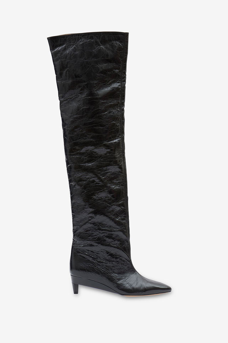 LISALI PATENT LEATHER POINT TOE THIGH HIGH BOOTS IN BLACK