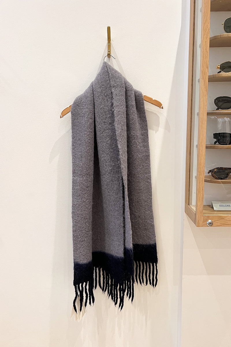FIRNY DIP DYE TASSLE SCARF IN GREY AND MIDNIGHT BLUE