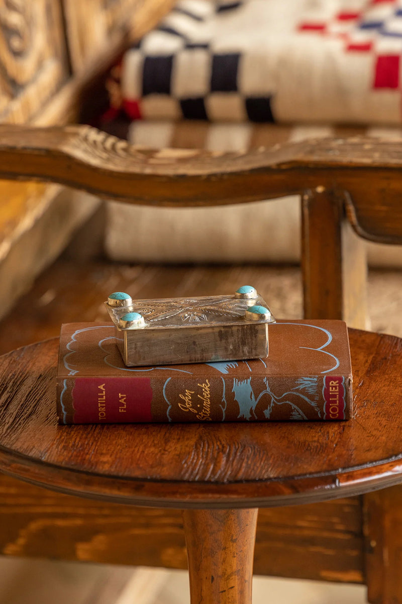 SILVER STAMPED REPOUSSE BOX WITH TURQUOISE