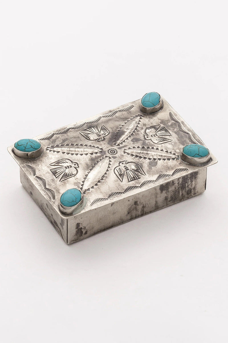 SILVER STAMPED REPOUSSE BOX WITH TURQUOISE