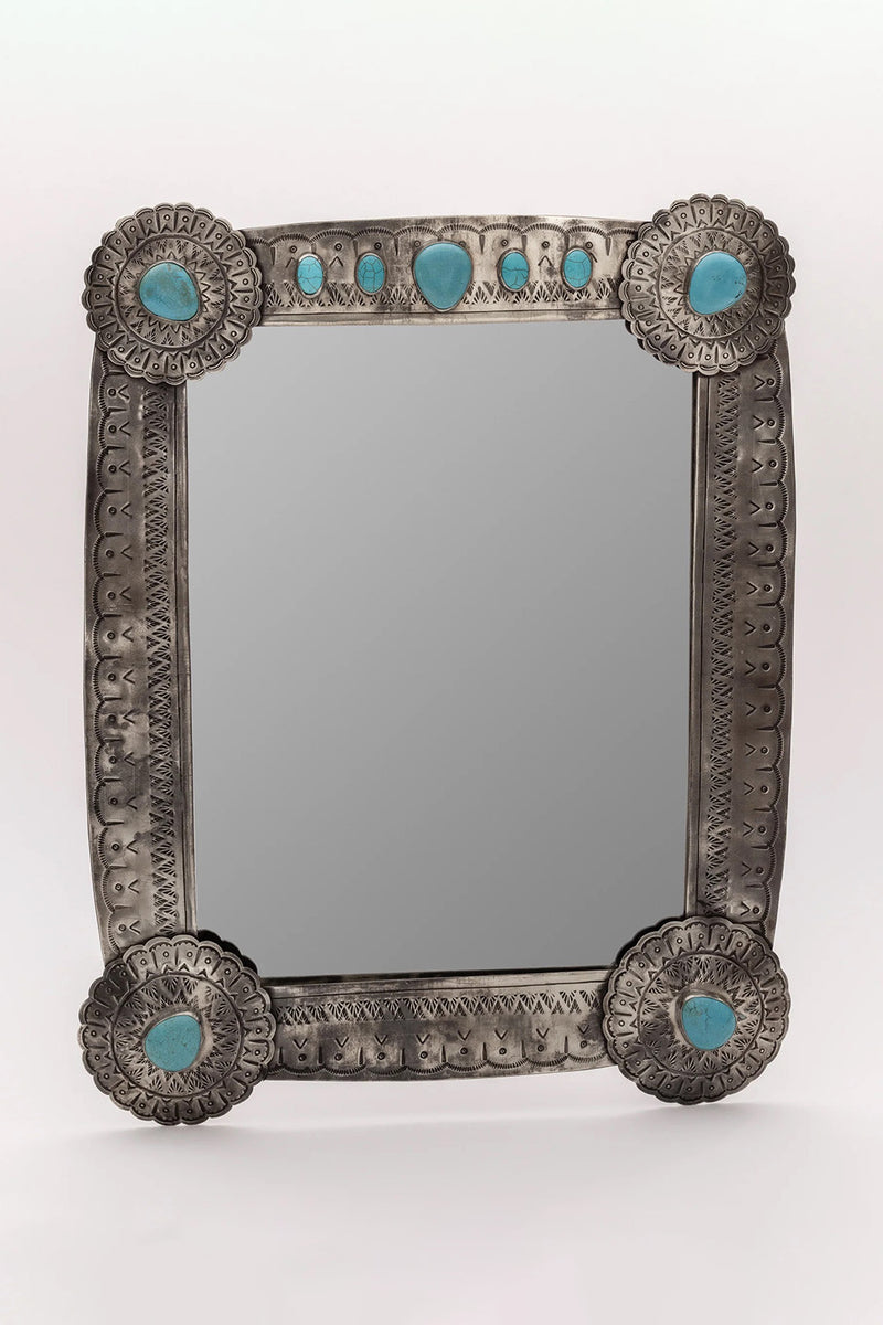 LARGE STAMPED VANIITY MIRROR WITH TURQUOISE