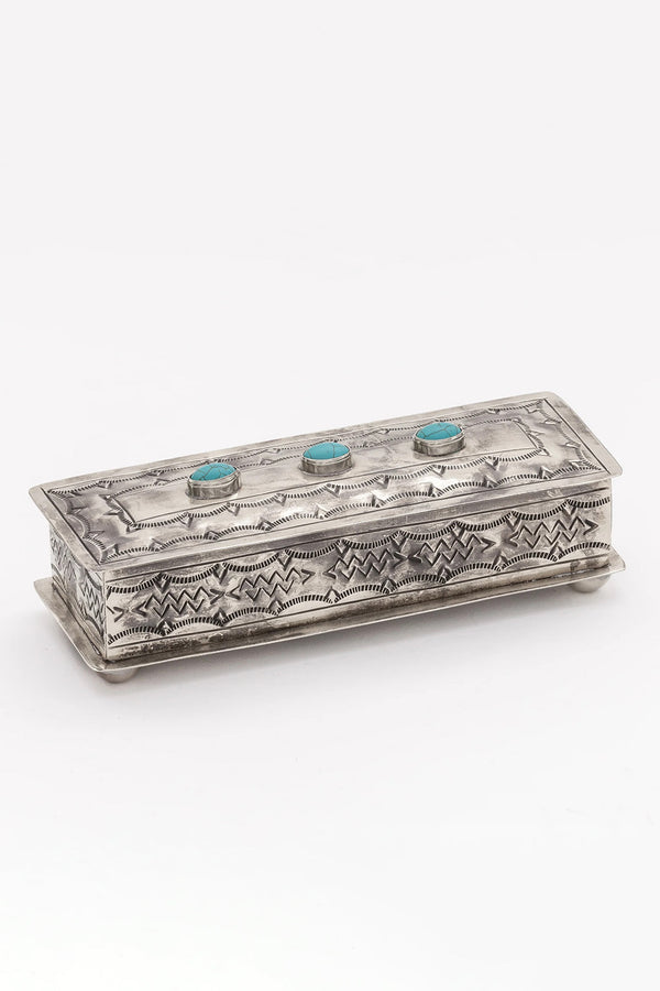 SILVER STAMPED EYEGLASS CASE WITH TURQUOISE