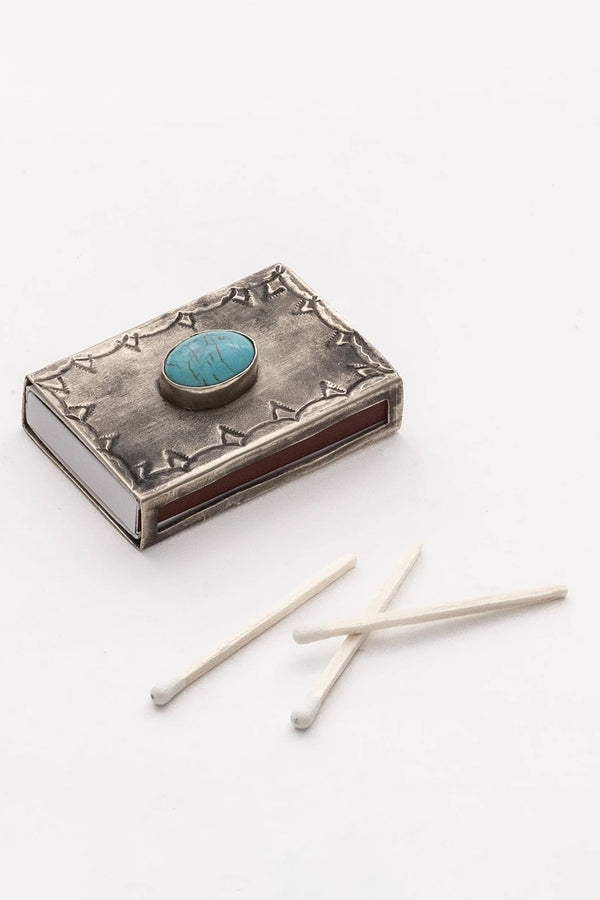 SMALL SILVER STAMPED MATCHBOX WITH TURQUOISE