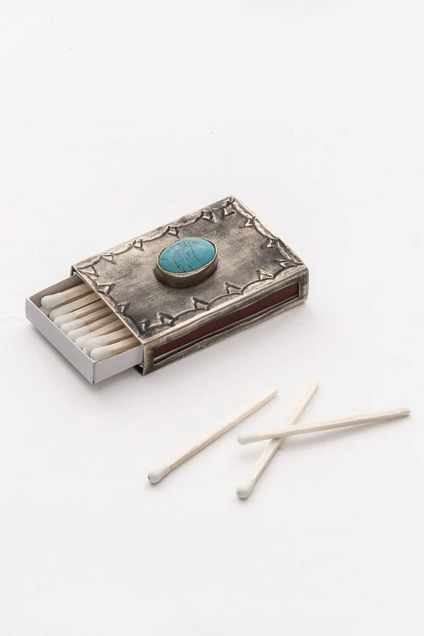 SMALL SILVER STAMPED MATCHBOX WITH TURQUOISE