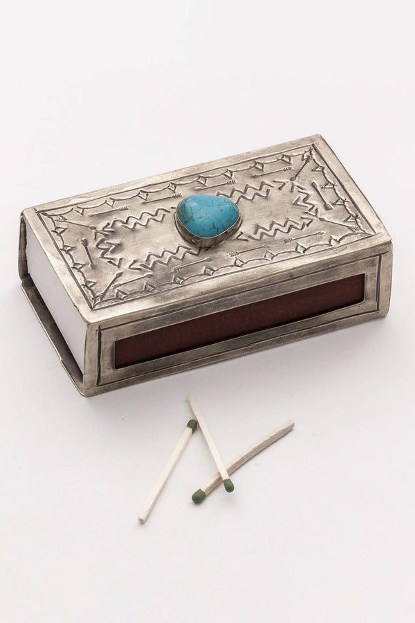 LARGE SILVER STAMPED MATCHBOX WITH TURQUOISE