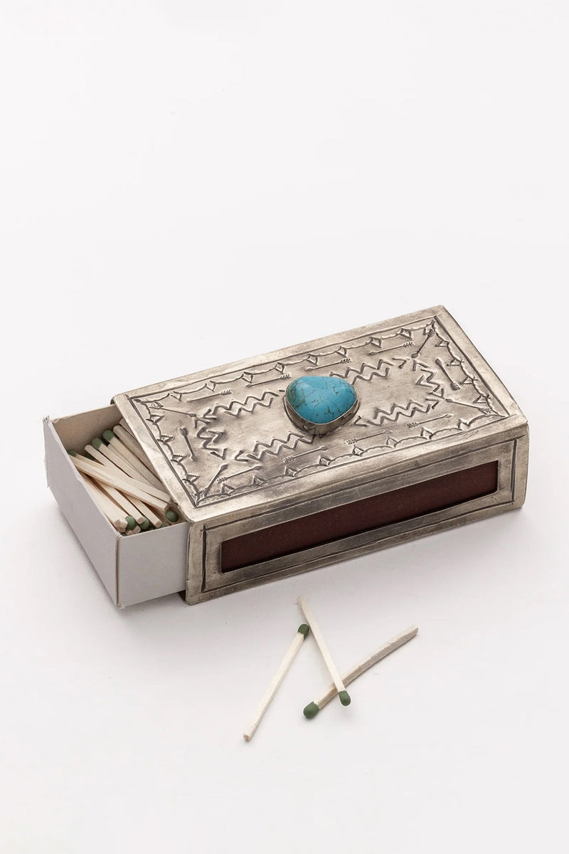 LARGE SILVER STAMPED MATCHBOX WITH TURQUOISE