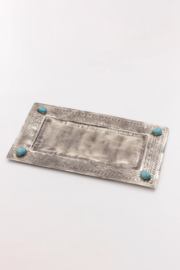 LARGE SILVER STAMPED TRAY WITH TURQUOISE