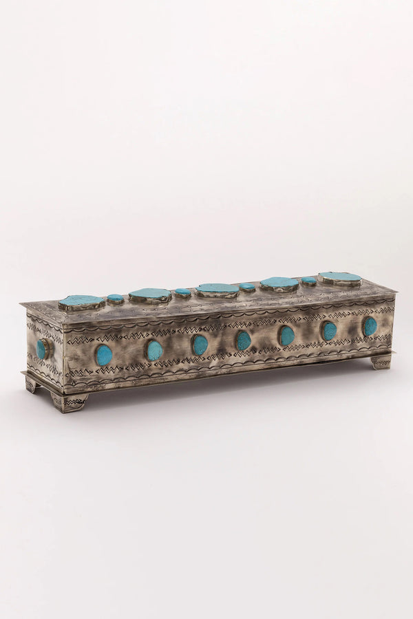 SILVER STAMPED LARGE MANTLE BOX WITH TURQUOISE