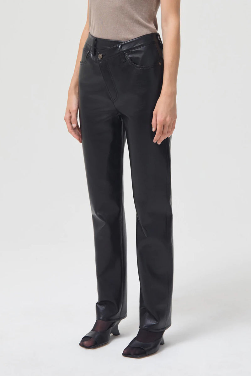 RECYCLED LEATHER CRISS CROSS STRAIGHT LEG PANT IN DETOX BLACK
