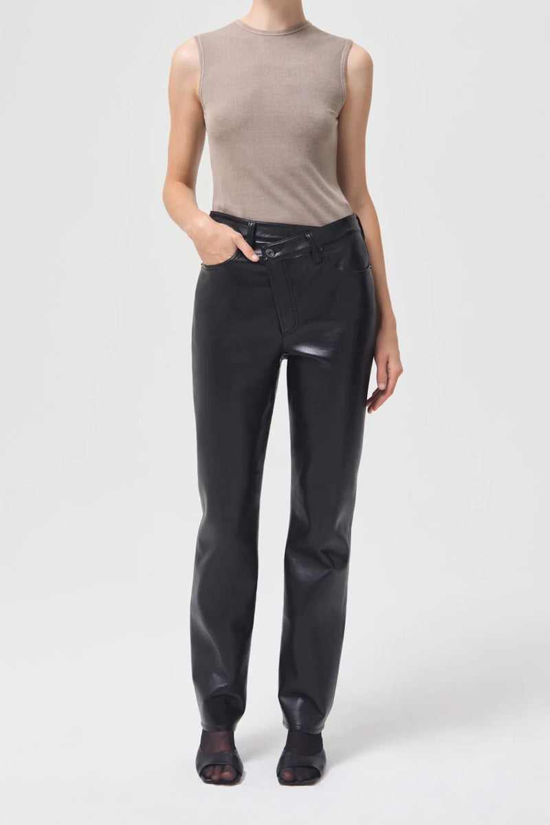 RECYCLED LEATHER CRISS CROSS STRAIGHT LEG PANT IN DETOX BLACK