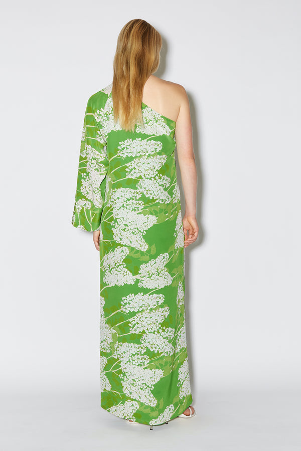 LOLA ONE SHOULDER DRESS IN LILACS WHITE ON GREEN
