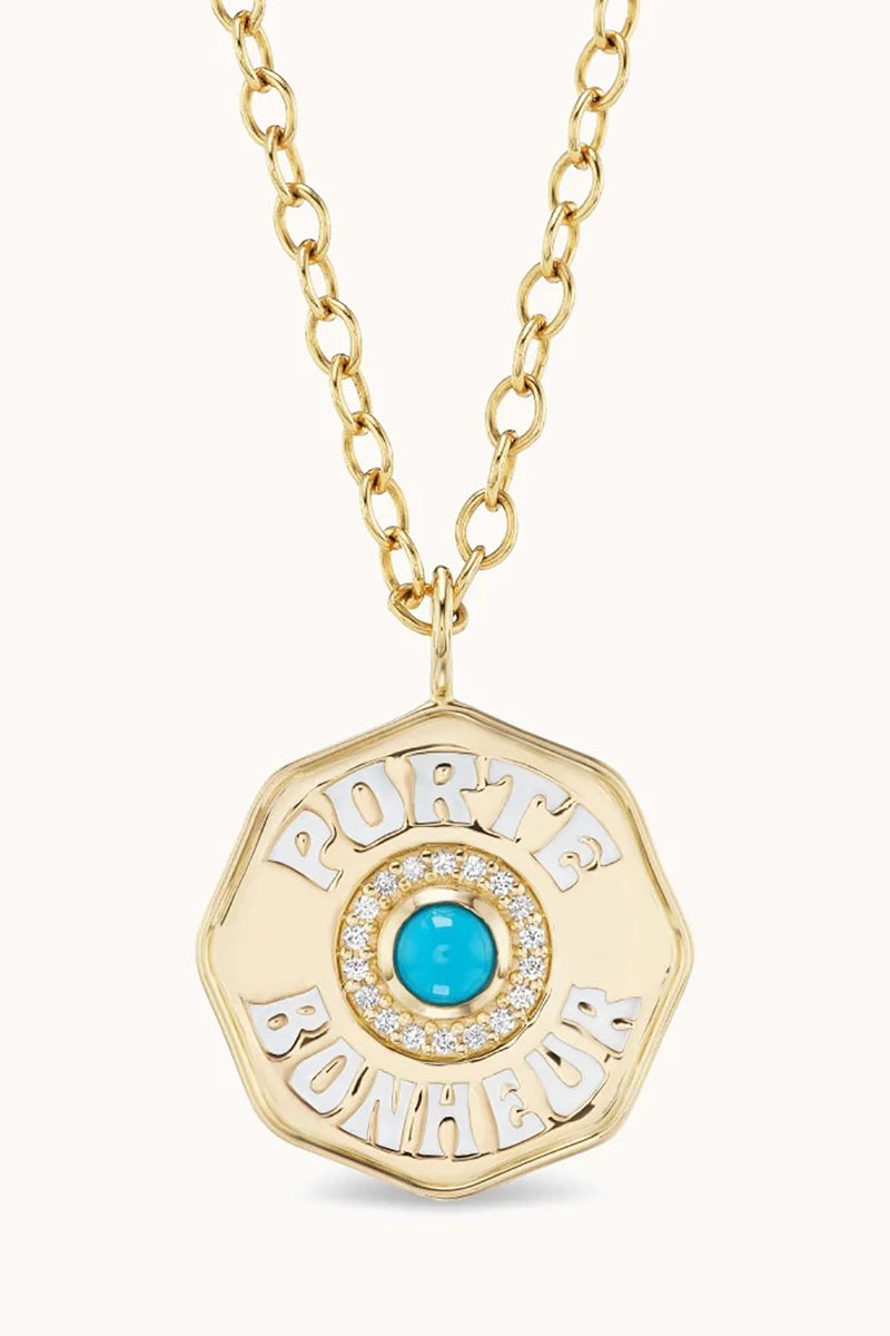 LARGE ENAMEL PORTE BONHEUR CHARM IN TURQUOISE WITH DIAMOND HALO