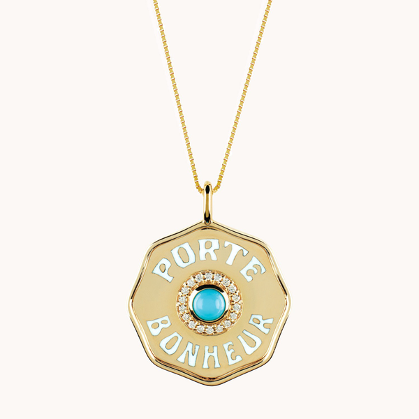 LARGE ENAMEL PORTE BONHEUR CHARM (or necklace) IN TURQUOISE WITH DIAMOND HALO