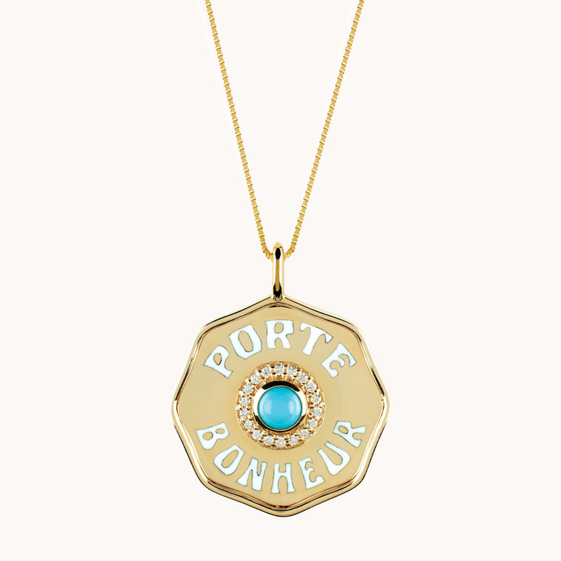 LARGE ENAMEL PORTE BONHEUR CHARM (or necklace) IN TURQUOISE WITH DIAMOND HALO