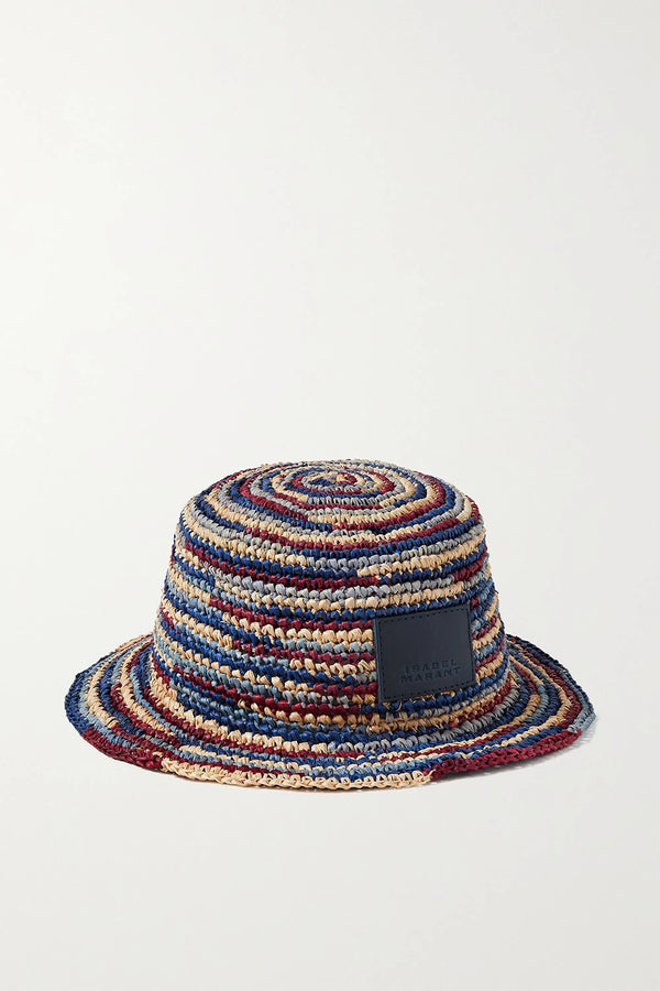 YUCATA STRIPED WOVEN RAFFIA HAT IN BLUE, BURGUNDY AND NATURAL